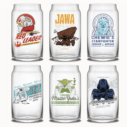 JoyJolt Star Wars Retro Vintage Collection 169oz Glass Tumblers Featuring Darth Vader R2D2 Yoda Chewbacca Red Leader Jawa Original Trilogy Drinkware Set of 6 with Glass Straws - Image 1