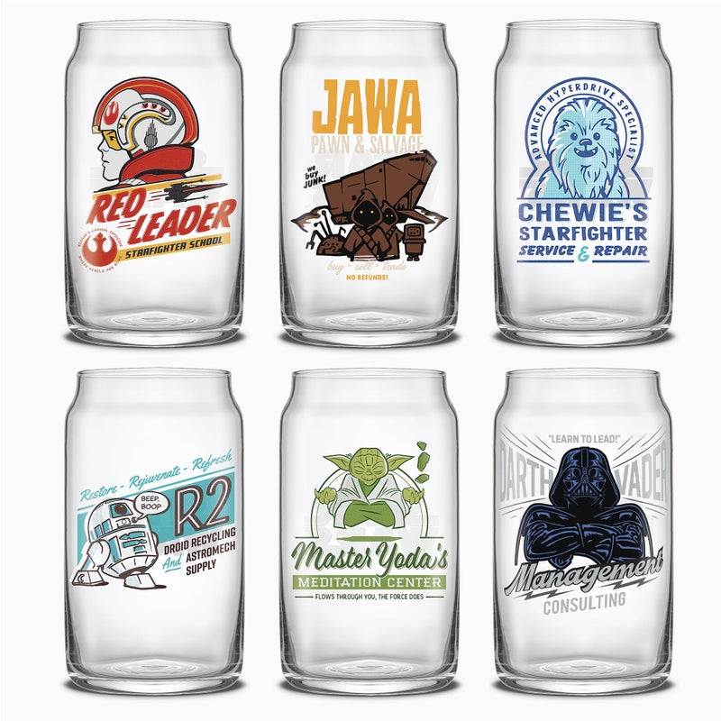 JoyJolt Star Wars Retro Vintage Collection 169oz Glass Tumblers Featuring Darth Vader R2D2 Yoda Chewbacca Red Leader Jawa Original Trilogy Drinkware Set of 6 with Glass Straws - Image 2