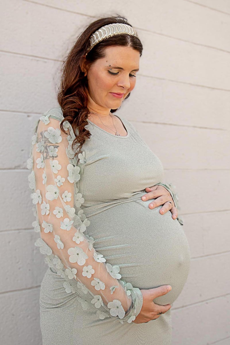 LAHILO Floral Mesh Bishop Long Sleeve Maternity Midi Dress, Fall Maternity Bodycon Dress for Baby Shower Light Green - Image 3