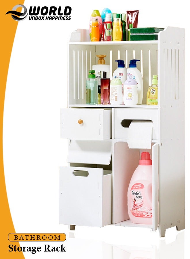 Eworld Waterproof White PVC Floor Cabinet Organizer, Stylish Storage Solution Featuring Shelves, Drawer, Tissue Holder, and Door for Bathroom, Kitchen, Living Room, or Bedroom Accessories - Image 1