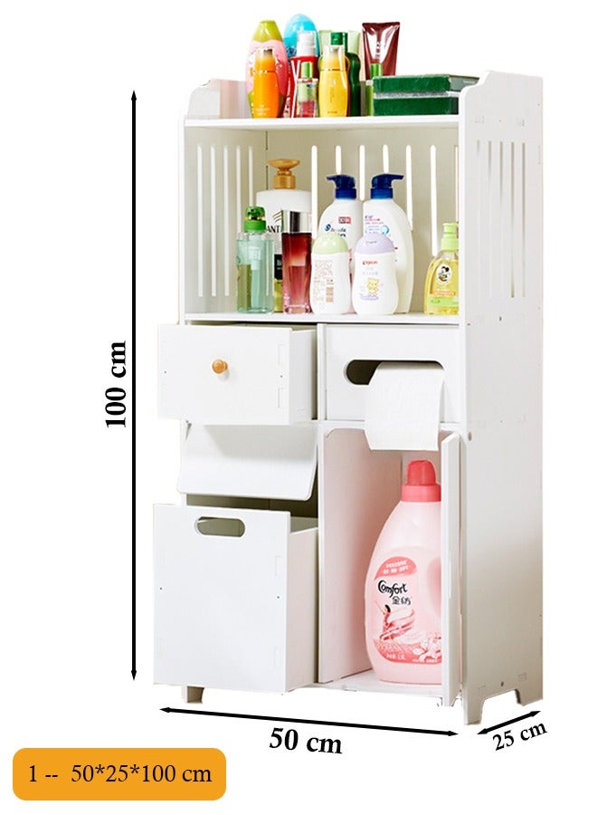 Eworld Waterproof White PVC Floor Cabinet Organizer, Stylish Storage Solution Featuring Shelves, Drawer, Tissue Holder, and Door for Bathroom, Kitchen, Living Room, or Bedroom Accessories - Image 2