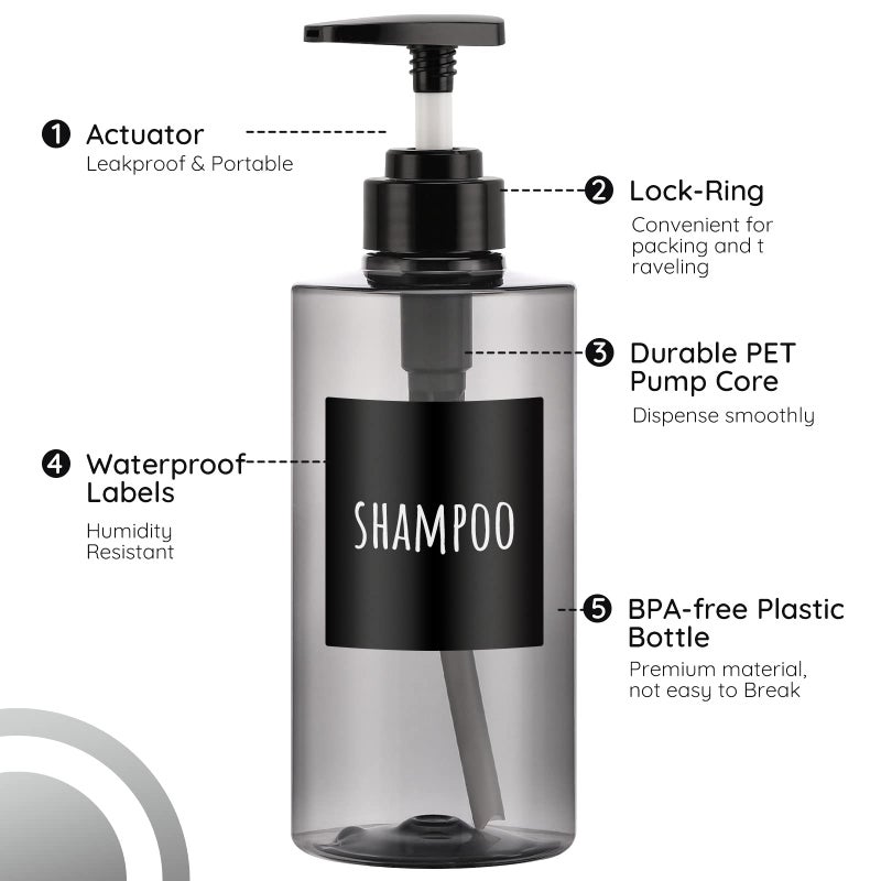 Segbeauty Shower Bottles Refillable, 3pcs 16.9oz/500ml Liquid Dispenser with Labels, Empty Plastic Lotion Pump Press Bottles for Shampoo, Conditioner, Body Soap, Hand Soap, Bathroom, Hotel - Gray - Image 3