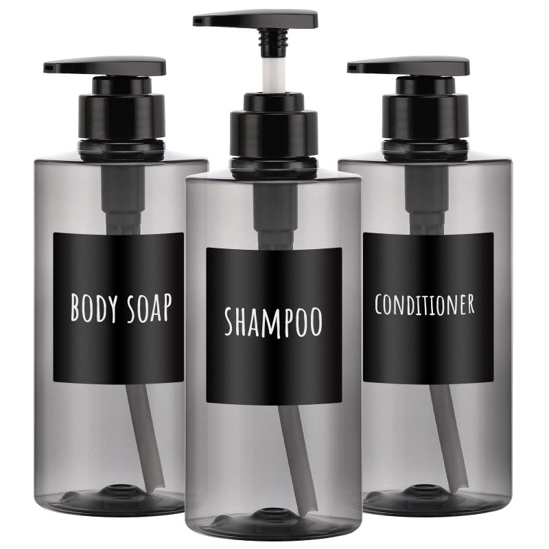 Segbeauty Shower Bottles Refillable, 3pcs 16.9oz/500ml Liquid Dispenser with Labels, Empty Plastic Lotion Pump Press Bottles for Shampoo, Conditioner, Body Soap, Hand Soap, Bathroom, Hotel - Gray - Image 1