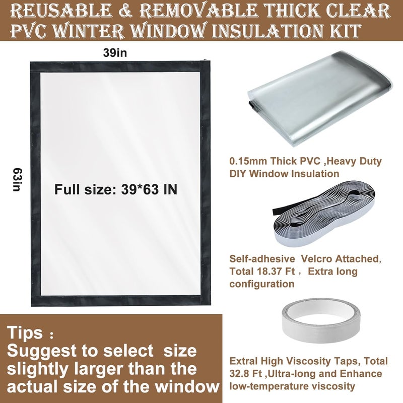Jeyeou Window Insulation Kit for Winter Heavy Duty Plastic Window Cover Sealer Reusable Clear Thick Insulation Wrap Transparent Film with Strong Adhesive Tape and Hook and Loop Tape for Winterizing 39''x63'' - Image 2