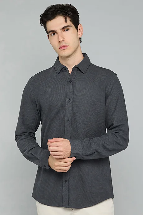 أر أند بي Solid Shirt with Classic Collar and Long Sleeves