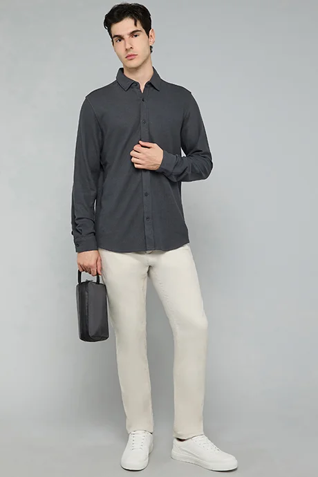 أر أند بي Solid Shirt with Classic Collar and Long Sleeves