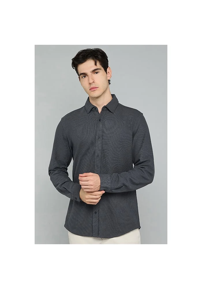 أر أند بي Solid Shirt with Classic Collar and Long Sleeves