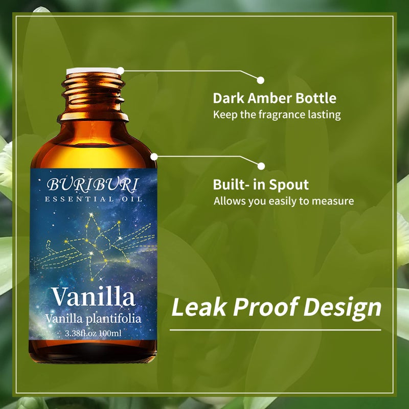 BURIBURI 100ML Vanilla Essential Oil, 100% Pure Undiluted Aromatherapy Vanilla Oil 3.38fl.oz for Soap, Candle Making, Massage, Diffuser, Humidifier - Image 4