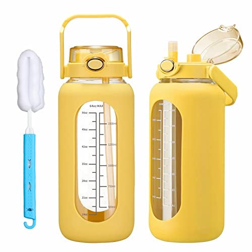 chunmo 64oz Glass Water Bolttles with Straw Half Gallon Large Motivational Water Bottle with Time Marker Sports Water Bottles with Silicone Sleeve and Handle Lid Water Jug for Gym Workout