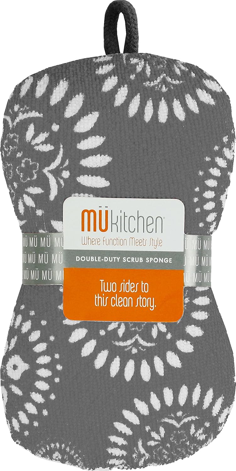 muKitchen Microfiber Scrub Sponge, Medallion Gray, two-sided dish sponge with soft printed microfiber and a tough non-scratch scrubber, lifts grease without scratching cookware, hanging loop to dry - Image 3