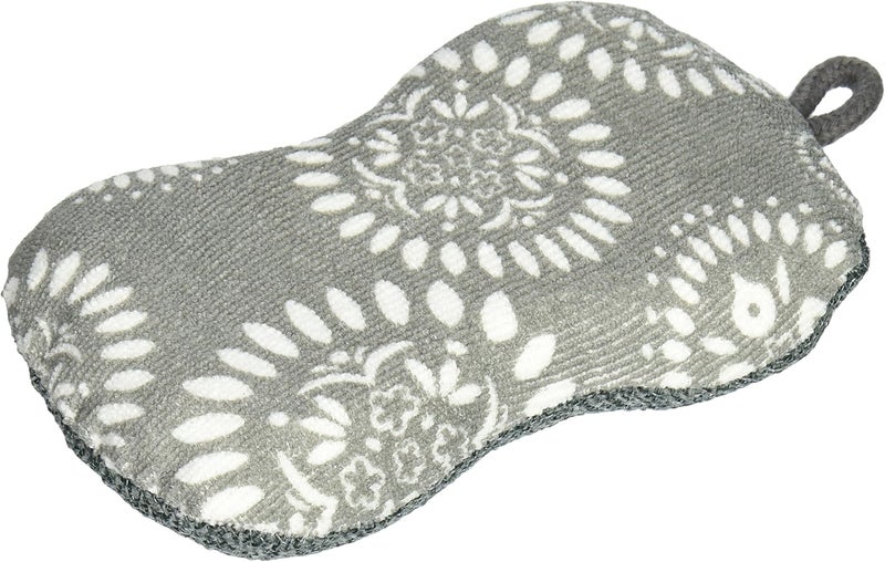 muKitchen Microfiber Scrub Sponge, Medallion Gray, two-sided dish sponge with soft printed microfiber and a tough non-scratch scrubber, lifts grease without scratching cookware, hanging loop to dry - Image 1