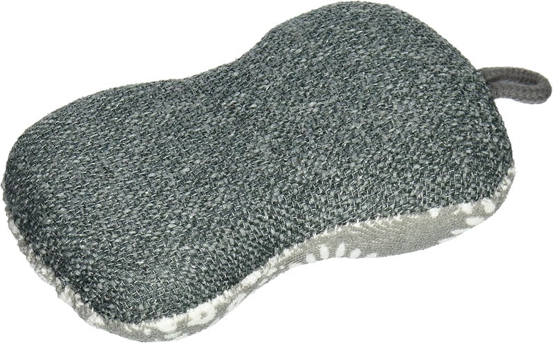 muKitchen Microfiber Scrub Sponge, Medallion Gray, two-sided dish sponge with soft printed microfiber and a tough non-scratch scrubber, lifts grease without scratching cookware, hanging loop to dry - Image 2