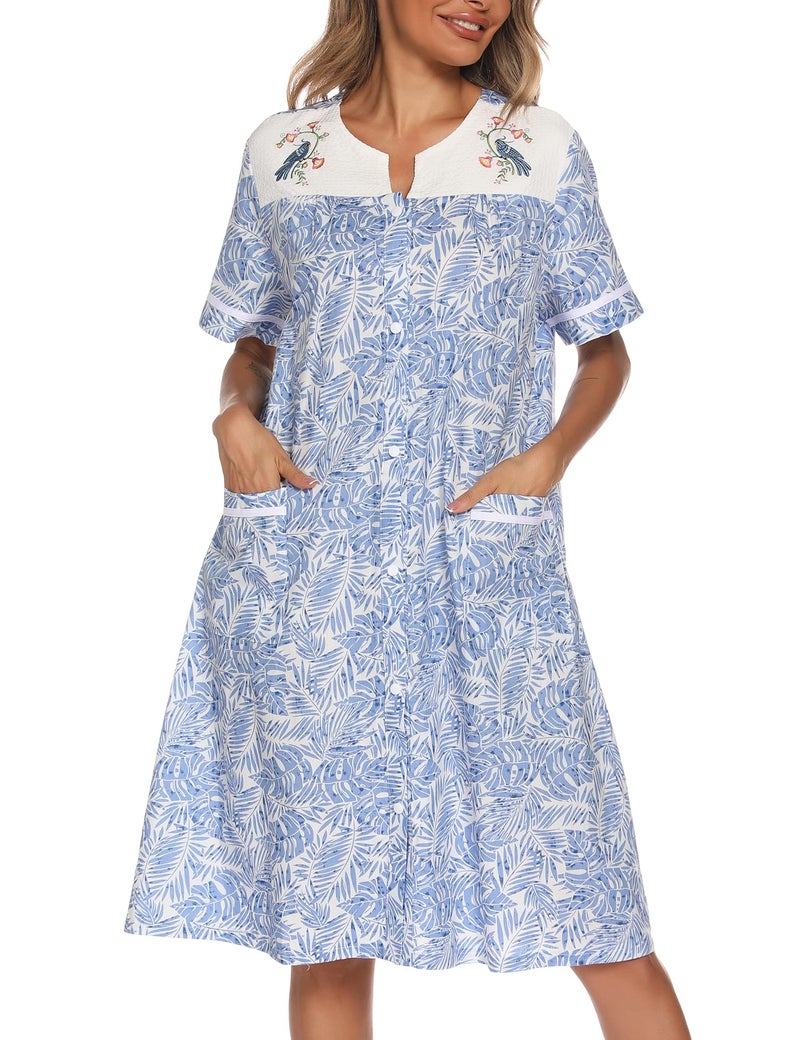 YOZLY Women Embroidered House Dress Short Sleeve Housecoat with Front Pockets Blue Floral, Medium - Image 2