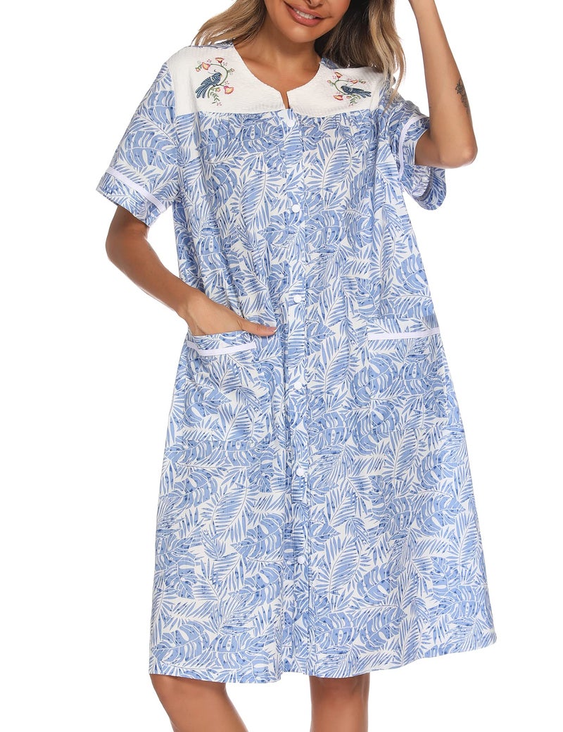 YOZLY Women Embroidered House Dress Short Sleeve Housecoat with Front Pockets Blue Floral, Medium - Image 3