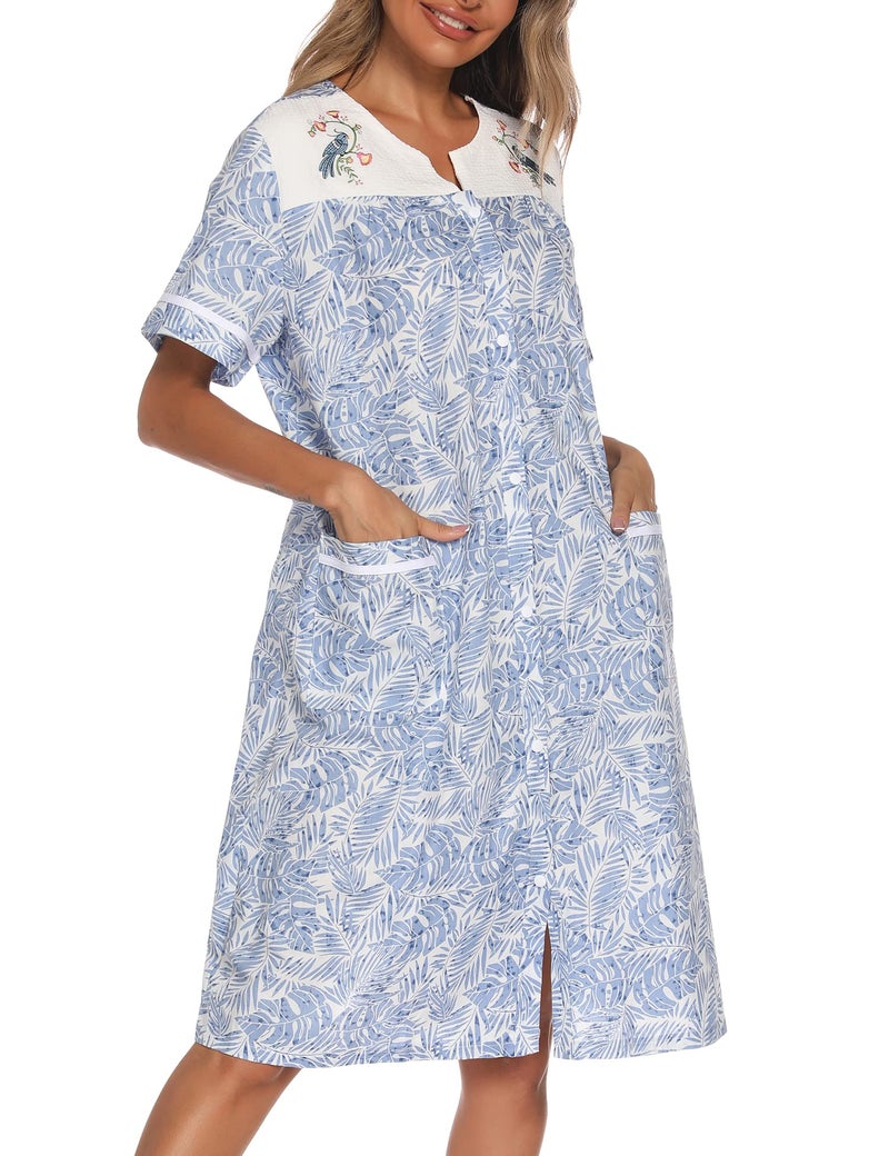 YOZLY Women Embroidered House Dress Short Sleeve Housecoat with Front Pockets Blue Floral, Medium - Image 4