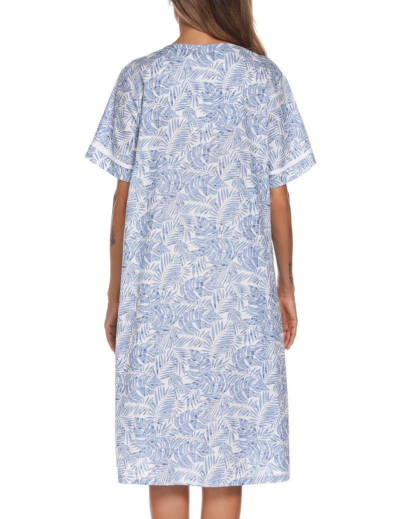 YOZLY Women Embroidered House Dress Short Sleeve Housecoat with Front Pockets Blue Floral, Medium - Image 5
