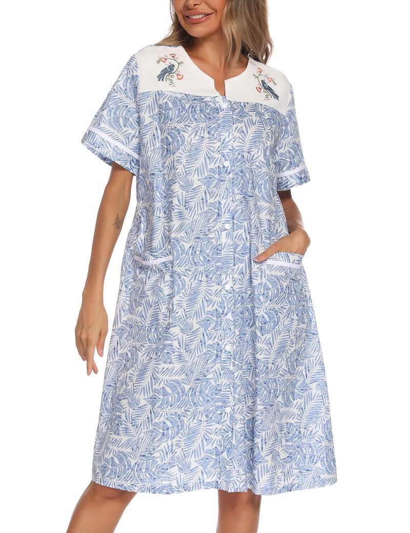 YOZLY Women Embroidered House Dress Short Sleeve Housecoat with Front Pockets Blue Floral, Medium - Image 1