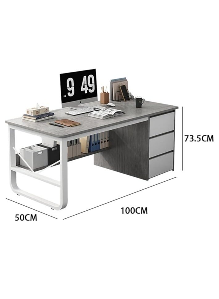 مكتب، طاولة كمبيوتر خشبية مع 3 أدراج ورف كتب، إطار معدني عصري، طاولة عمل منزلية، طاولة كمبيوتر محمول للدراسة والعمل والكتابة والقراءة (رمادي 100*50 سم) - Image 3
