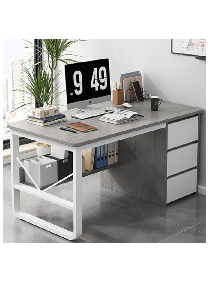 مكتب، طاولة كمبيوتر خشبية مع 3 أدراج ورف كتب، إطار معدني عصري، طاولة عمل منزلية، طاولة كمبيوتر محمول للدراسة والعمل والكتابة والقراءة (رمادي 100*50 سم) - Image 1