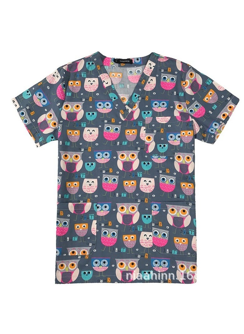 Loquat Unisex Printed V-Neck Medical Uniform Scrubs Top for Women/Men Workwear 