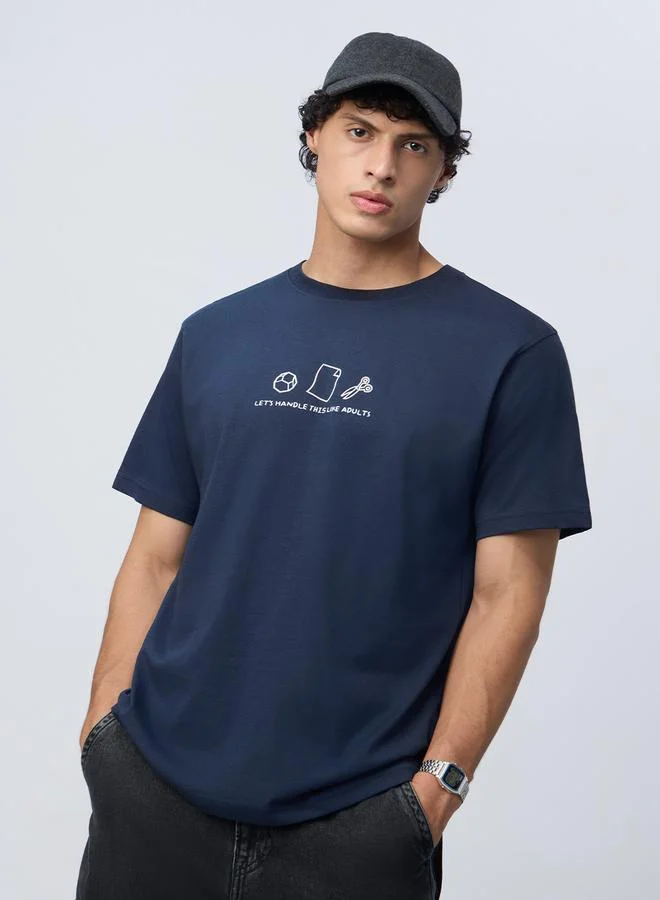 The Souled Store Men Navy Blue Relaxed Fit T-Shirt