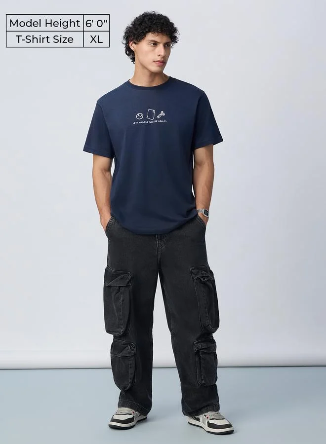 The Souled Store Men Navy Blue Relaxed Fit T-Shirt