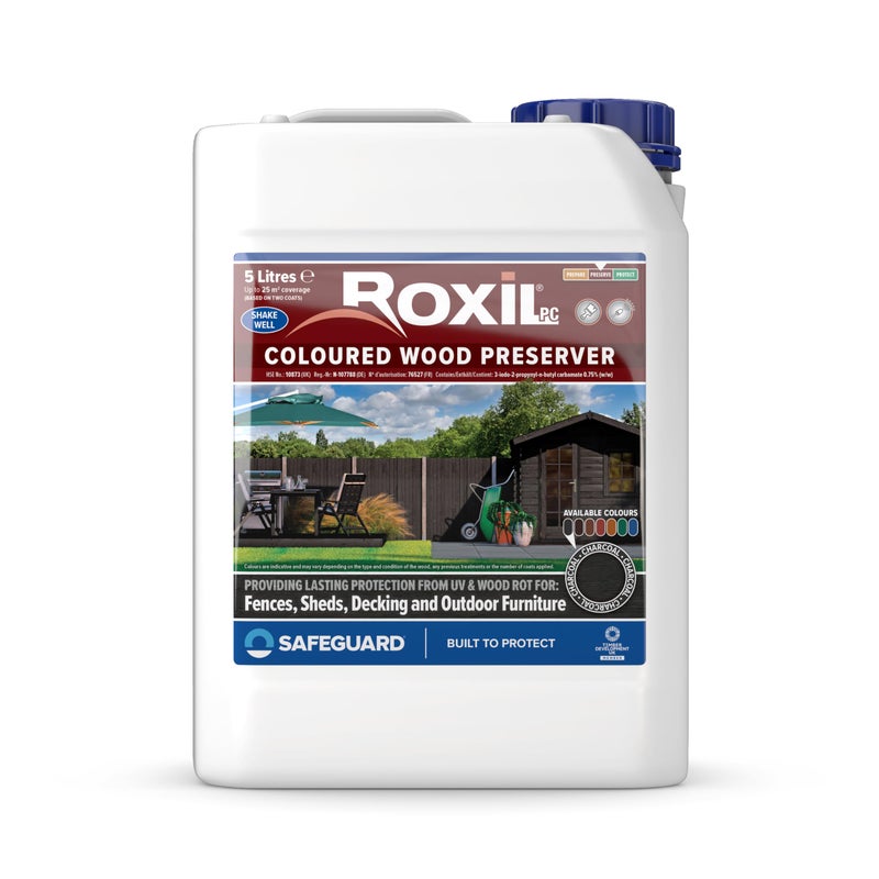 Roxil Wood Stain Preserver 5 Litre (Charcoal) Fast-Drying Satin Finish for Decking, Fence, Shed, Furniture. Up to 5 Year Protection for Indoor & Outdoor - Image 1