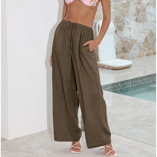 Duyang Womens Cotton Linen Palazzo Pants Drawstring Elastic Waist Casual Wide Leg Trousers with Pockets(Chestnut Brown,S) - Image 5