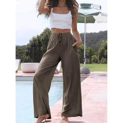 Duyang Womens Cotton Linen Palazzo Pants Drawstring Elastic Waist Casual Wide Leg Trousers with Pockets(Chestnut Brown,S) - Image 4