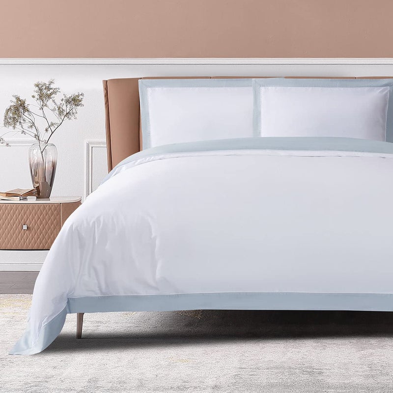 THE COTTON & SILK THE COTTON  SILK 100 Luxury LongStaple Cotton Duvet Cover Set  Soft  Breathable KingCalifornia King Size White  Misty Blue 1 Duvet Cover with Corner Ties  Hidden Zipper 2 Pillow Shams 