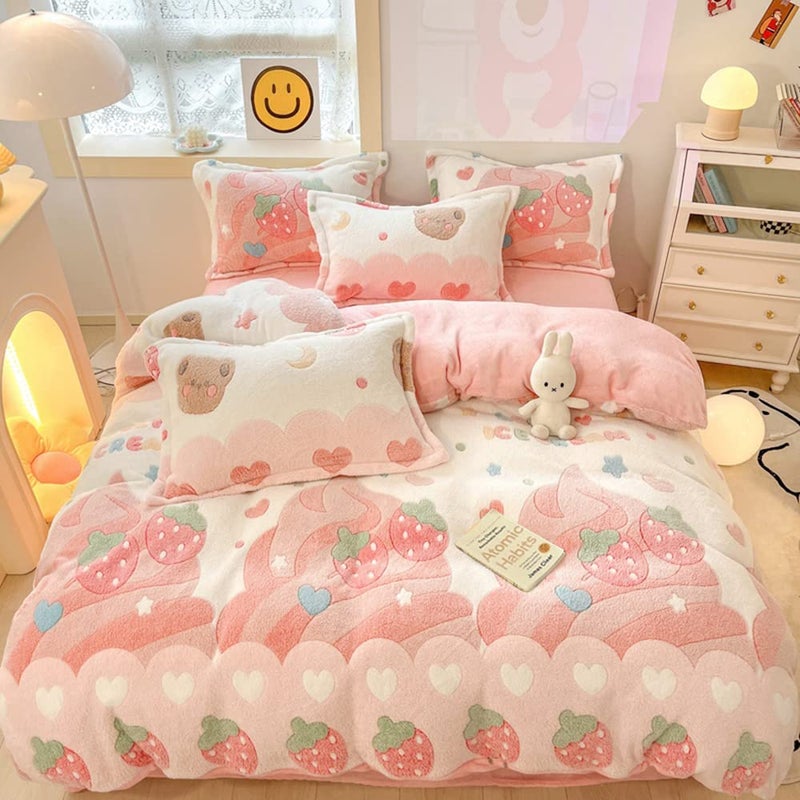 CinYana CinYana Pink Strawberry Duvet Cover Set Fluffy Duvet Cover Kawaii Cartoon Comforter Cover Soft Kids Duvet Cover Queen Bedding Set Strawberry Queen 