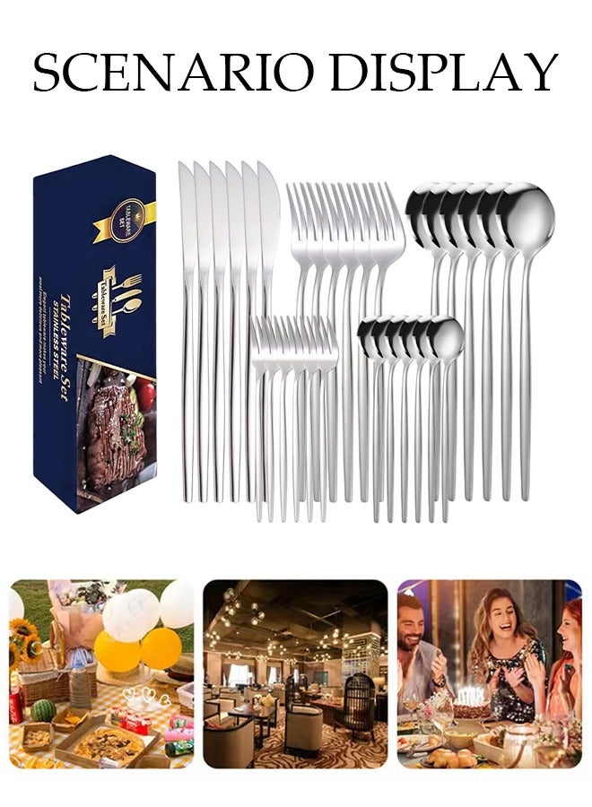 DUNISO طقم أدوات مائدة من الفولاذ المقاوم للصدأ 30 قطعة، طقم أدوات مطبخ على الطراز الغربي، طقم أدوات مائدة مصقول بمرآة، مع سكين، شوكة، ملعقة، مناسب لتناول الطعام العائلي، المطبخ، التجمعات، فضي - Image 5