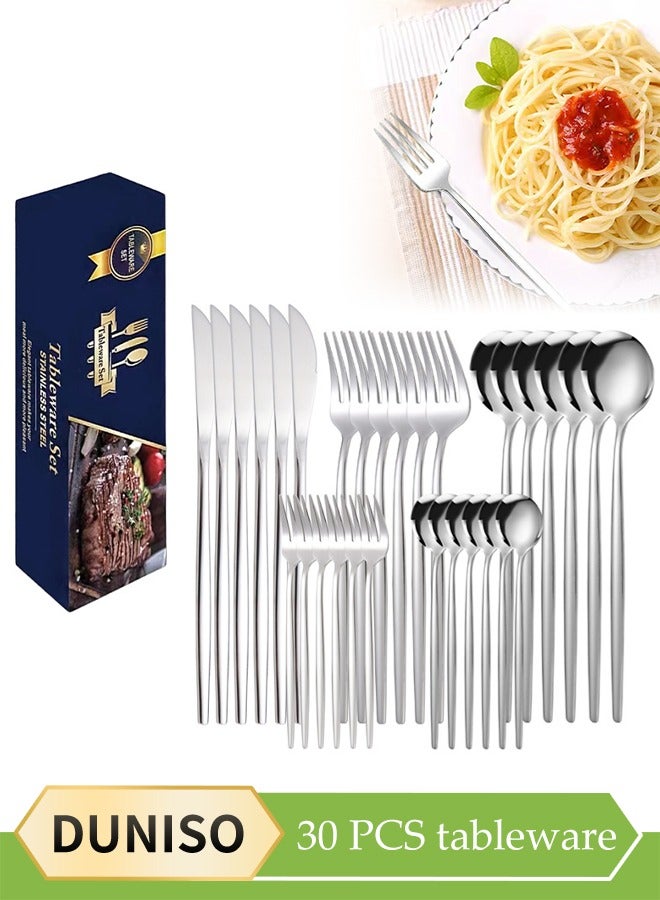 DUNISO طقم أدوات مائدة من الفولاذ المقاوم للصدأ 30 قطعة، طقم أدوات مطبخ على الطراز الغربي، طقم أدوات مائدة مصقول بمرآة، مع سكين، شوكة، ملعقة، مناسب لتناول الطعام العائلي، المطبخ، التجمعات، فضي - Image 1