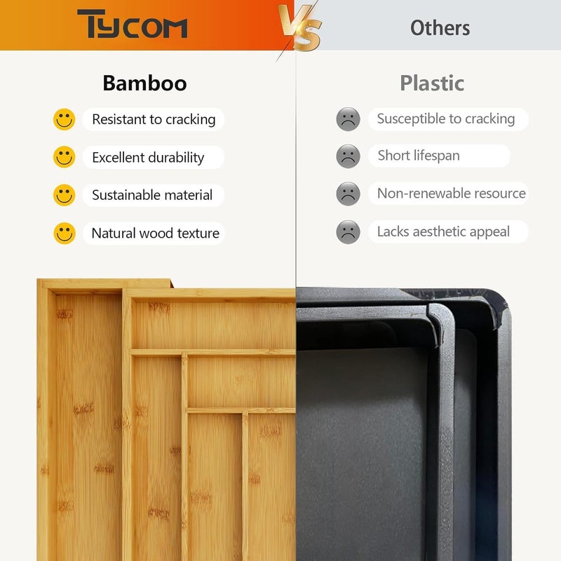 تايكوم حامل أدوات الخيزران من Tycom ومنظم أدوات المائدة، صينية أدوات المائدة القابلة للتعديل، حامل أدوات المائدة للفضيات والأدوات المسطحة والسكاكين في المطبخ وغرفة النوم وغرفة المعيشة (50 * 43 سم) - Image 3