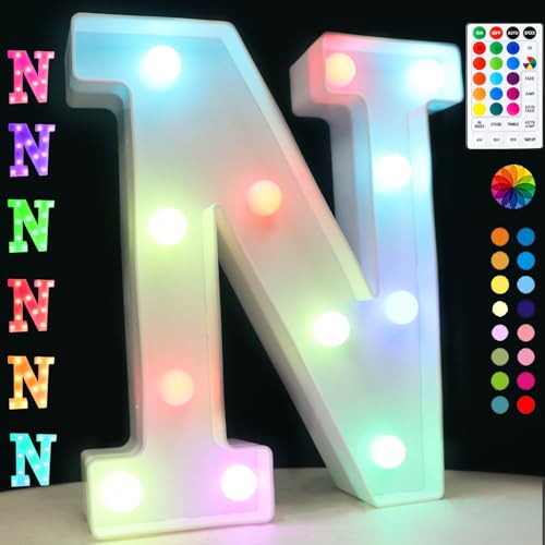 OYCBUZO Light Up Colorful LED Marquee Letter lights, 18 Colors Changing Alphabet Letters Sign with Remote Timer for Night Light Girls Bedroom Wedding Birthday Party Lamp Christmas Home Bar Decor- Colorful N - Image 1