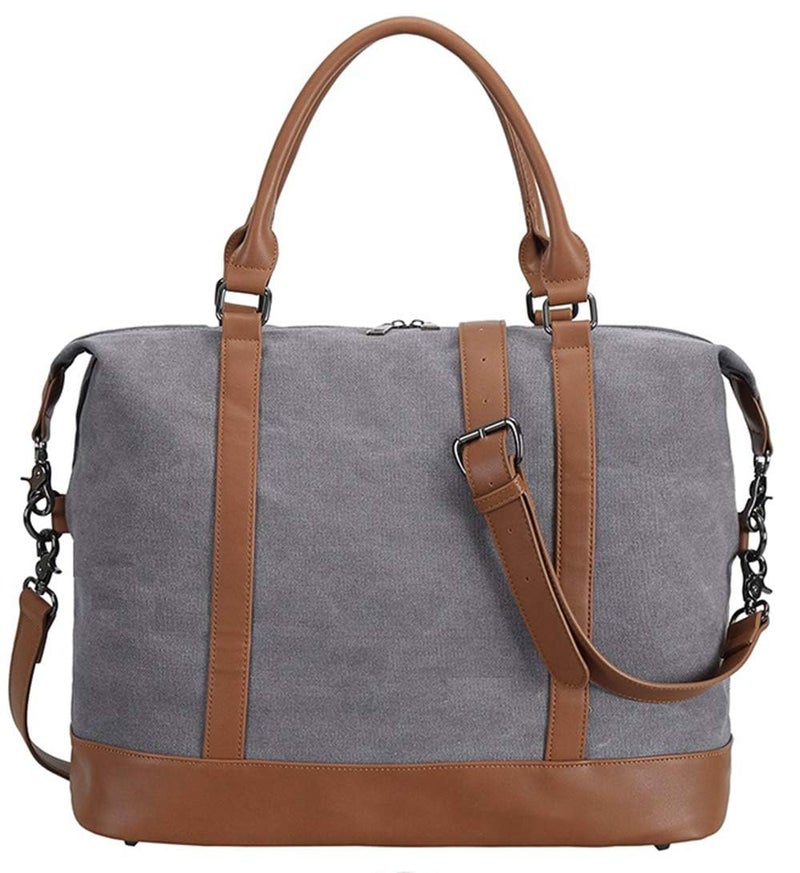Bluboon Women Ladies Canvas Weekender Bag Overnight Carry-on Tote Duffel in Trolley Handle (Grey) - Image 1