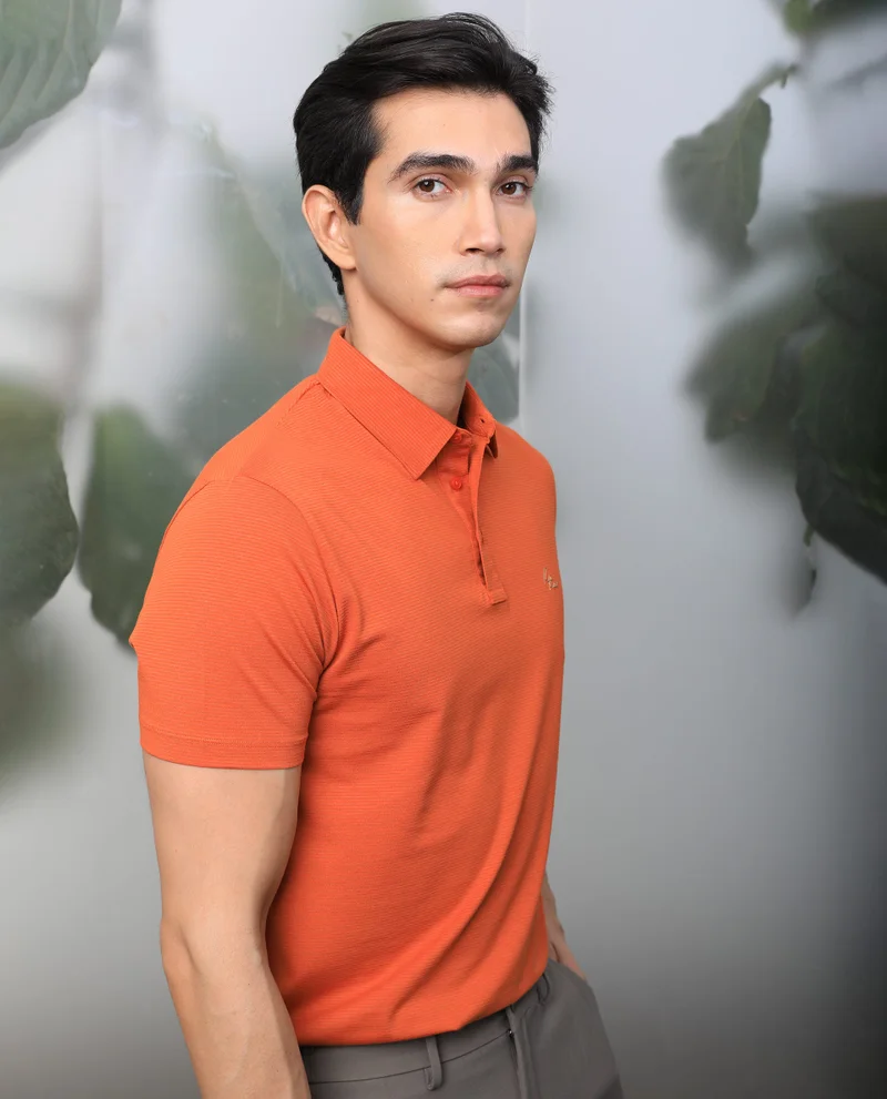 Rare Rabbit Rare Rabbit Men's Tunas Dark Rust Cotton Polyester Fabric Collared Neck Half Sleeves Striped Polo T-Shirt