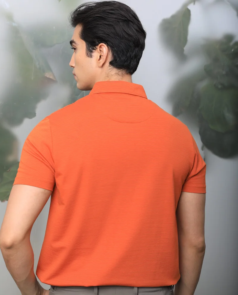 Rare Rabbit Rare Rabbit Men's Tunas Dark Rust Cotton Polyester Fabric Collared Neck Half Sleeves Striped Polo T-Shirt
