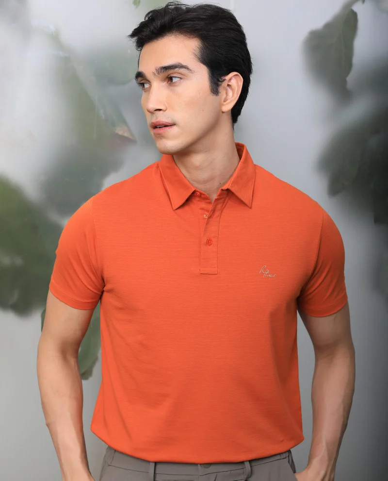 Rare Rabbit Rare Rabbit Men's Tunas Dark Rust Cotton Polyester Fabric Collared Neck Half Sleeves Striped Polo T-Shirt