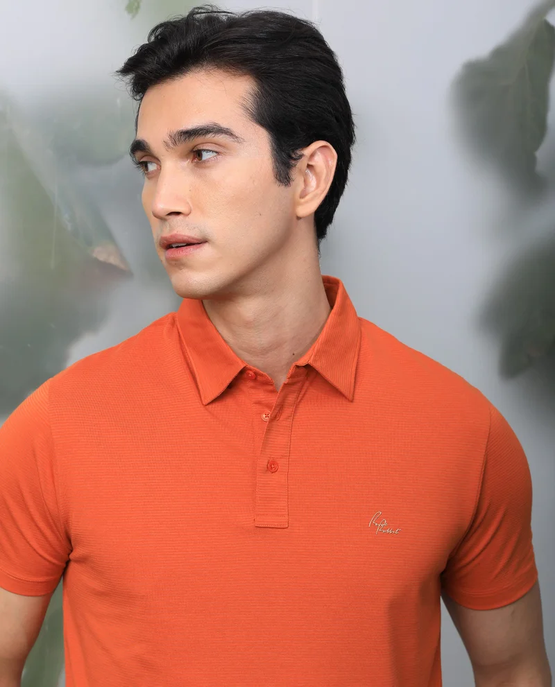 Rare Rabbit Rare Rabbit Men's Tunas Dark Rust Cotton Polyester Fabric Collared Neck Half Sleeves Striped Polo T-Shirt