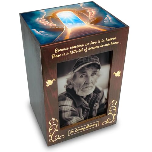 CHIEMOT - Wooden Cremation Urns with Photo Frame for Human Ashes Adult Female Male, Wood Urns Box and Casket, Decorative Urn with Picture for Adults Up to 200 lbs (Large, Stairway to Heaven) - Image 1