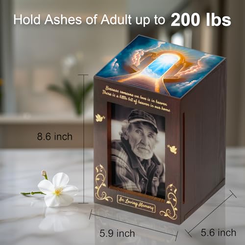 CHIEMOT - Wooden Cremation Urns with Photo Frame for Human Ashes Adult Female Male, Wood Urns Box and Casket, Decorative Urn with Picture for Adults Up to 200 lbs (Large, Stairway to Heaven) - Image 4