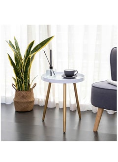 Arabest Round Side Table, Metal Legged Accent Table with Wooden Tray, Small Round End Table for Living Room, Bedroom, Nursery, White And Gold  - Image 1