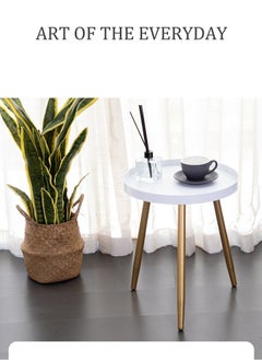 Arabest Round Side Table, Metal Legged Accent Table with Wooden Tray, Small Round End Table for Living Room, Bedroom, Nursery, White And Gold  - Image 2
