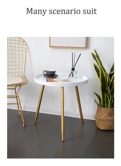 Arabest Round Side Table, Metal Legged Accent Table with Wooden Tray, Small Round End Table for Living Room, Bedroom, Nursery, White And Gold  - Image 3