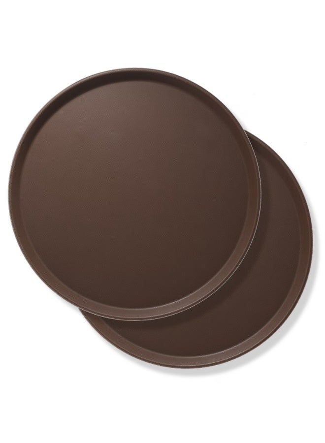 صينية تقديم دائرية بسطح غير قابل للانزلاق مع حواف مرتفعة، صواني تقديم مطاعم بلاستيكية متينة لوجبات الطعام، مناسبة للمنزل والمطبخ والمطاعم والكافتيريا والبار والفنادق، طقم مكون من قطعتين لون بني - Image 1