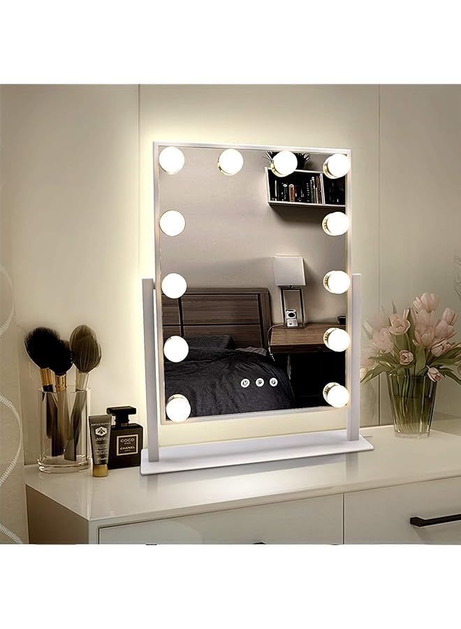 The Bros مرآة تجميل مضاءة كبيرة، مرآة هوليوود للمكياج مع أضواء، مع 3 ألوان من الضوء و 12 لمبة LED قابلة للتعتيم، شاشة تحكم باللمس الذكية ودوران 360° - Image 1