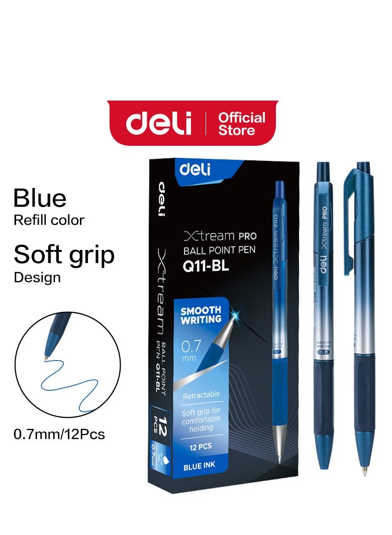 Deli Q11-BL Xtream Pro Ballpoint Pens, 0.7mm Blue Ink, Smooth Writing Pens with Soft Grip, Retractable Design, 12-Pack for Office & School. - Image 1