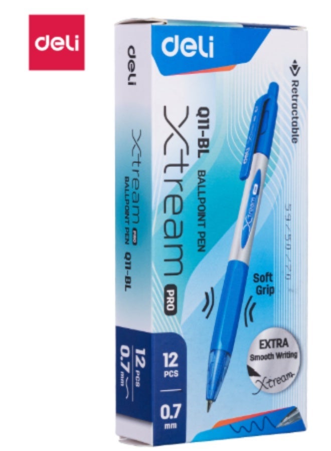 Deli Q11-BL Xtream Pro Ballpoint Pens, 0.7mm Blue Ink, Smooth Writing Pens with Soft Grip, Retractable Design, 12-Pack for Office & School. - Image 1