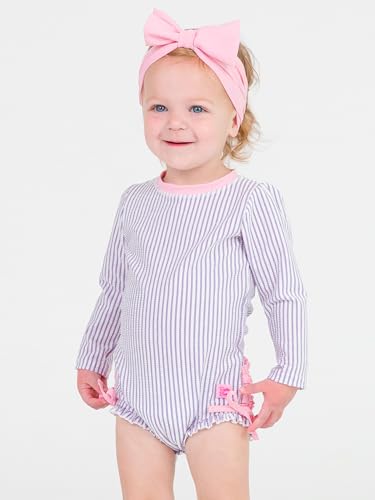 RuffleButts BabyGirls Seersucker Long Sleeve Rash Guard One Piece Swimsuit UPF 50 Toddler - Image 3